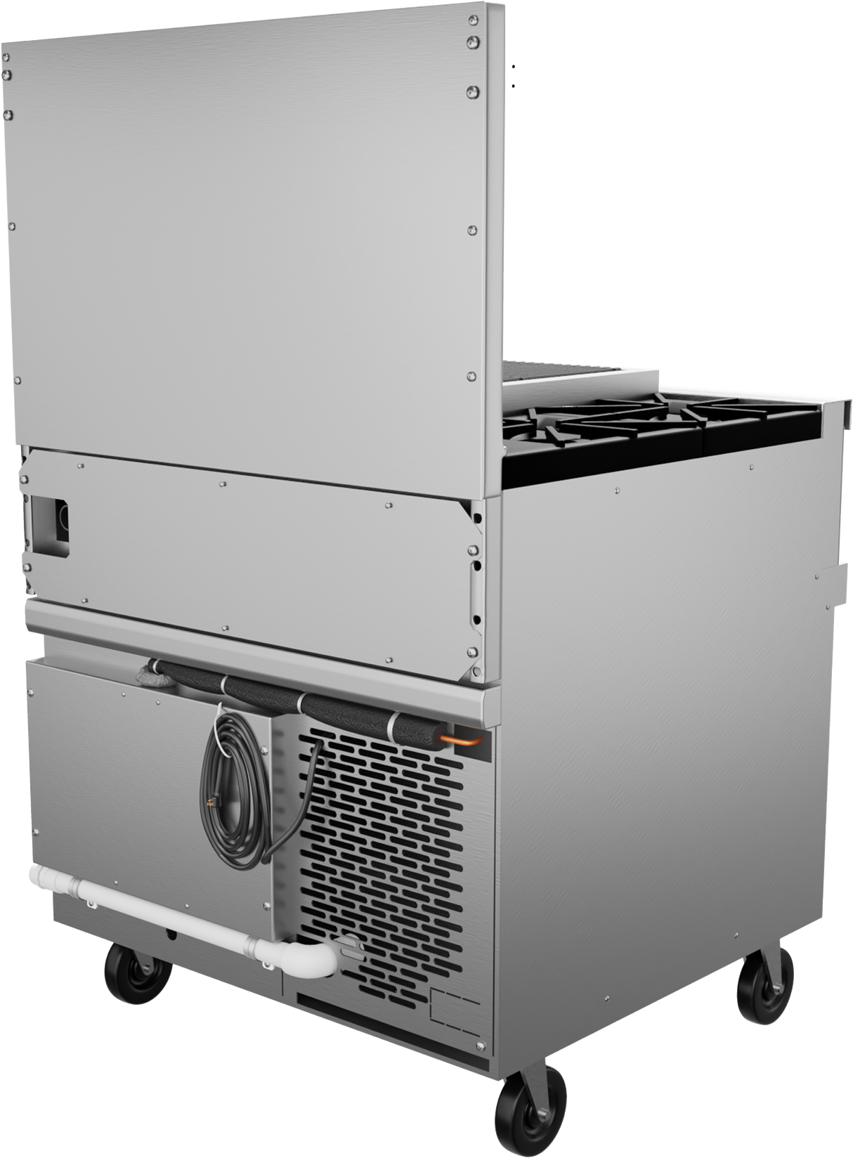 A stainless steel commercial kitchen appliance on wheels with a refrigerated base, vented refrigeration unit, power cord, and white drainage pipe. The upper section has a hinged panel and black cooktop burners. The appliance boasts a clean, modern design.