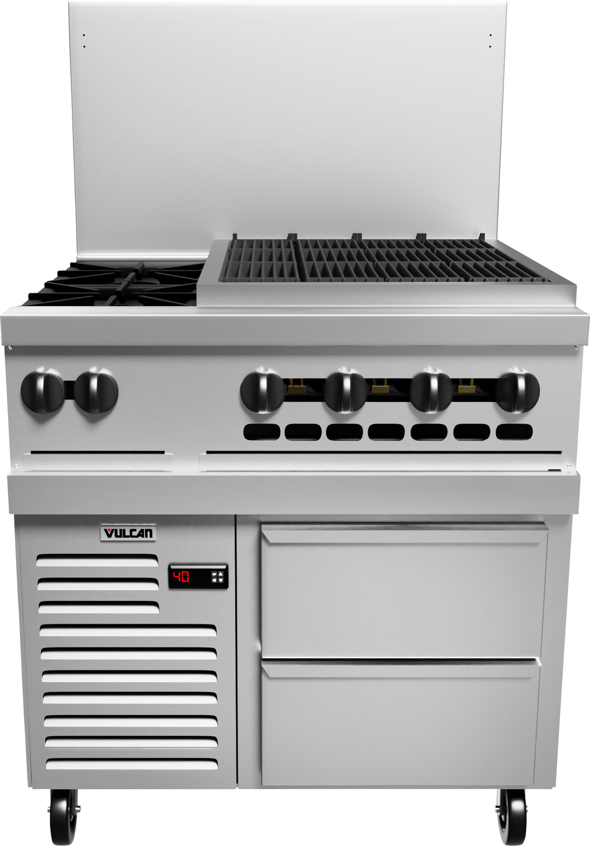 A commercial stainless steel restaurant range with six black control knobs, four burners, a griddle, a refrigerated base drawer with a digital display showing 40, and two spacious drawers below, all on wheels for mobility.