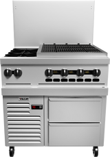 A commercial stainless steel restaurant range with six black control knobs, four burners, a griddle, a refrigerated base drawer with a digital display showing 40, and two spacious drawers below, all on wheels for mobility.