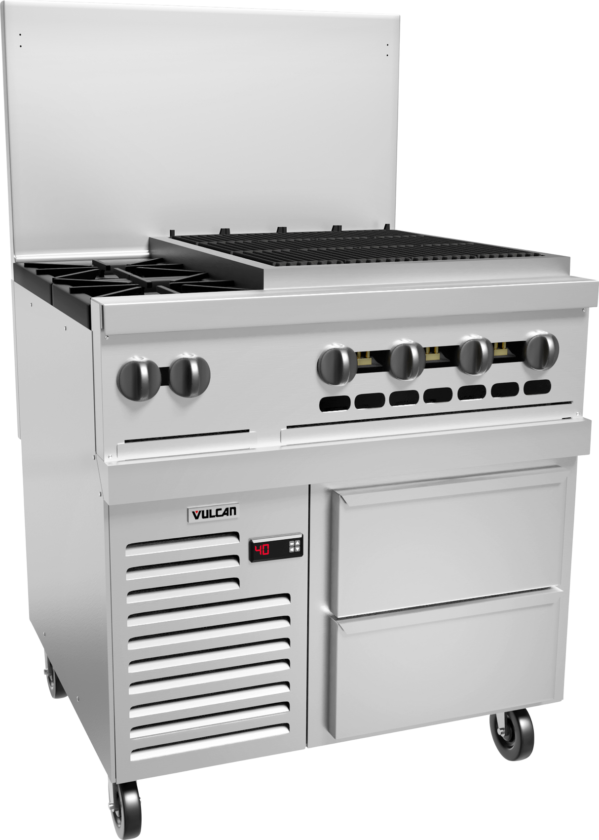 A commercial stainless steel restaurant range with six knobs, four gas burners, a flat griddle, a charbroiler, a backsplash, two large lower drawers, a vent panel displaying Vulcan, and caster wheels for mobility.