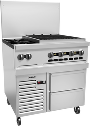 A commercial stainless steel restaurant range with six knobs, four gas burners, a flat griddle, a charbroiler, a backsplash, two large lower drawers, a vent panel displaying Vulcan, and caster wheels for mobility.