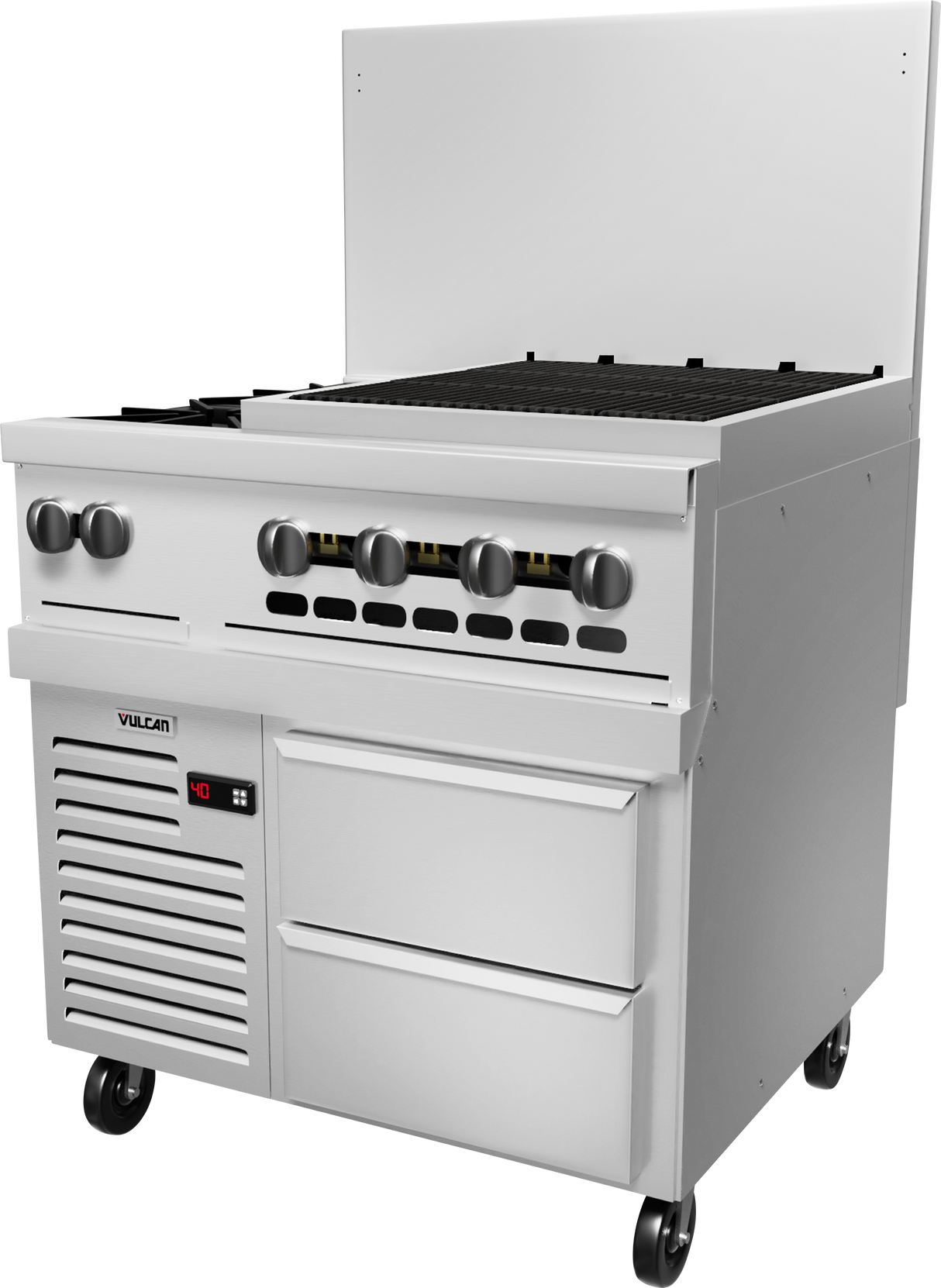 A large commercial stainless steel restaurant range with six control knobs, a wide flat cooking surface, high backsplash, storage drawers below, ventilation grates, and wheels for mobility. The Vulcan unit features digital controls on the lower left.
