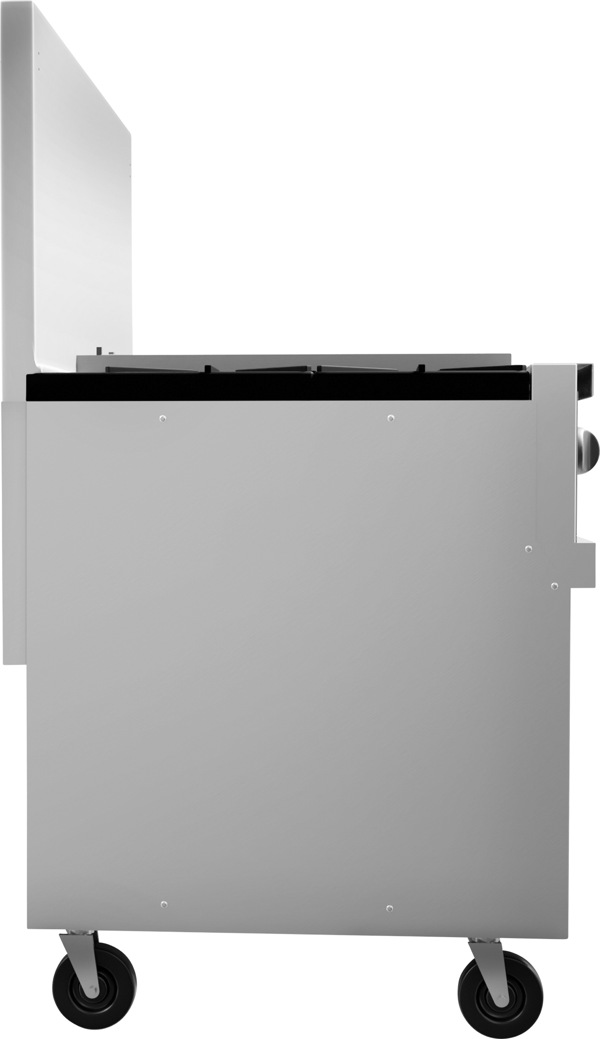 Side view of a sleek, modern stainless steel grill cart with a charbroiler on two black wheels, featuring a closed lid and two large control knobs. The minimalist, boxy design includes clean lines and visible panel screws.