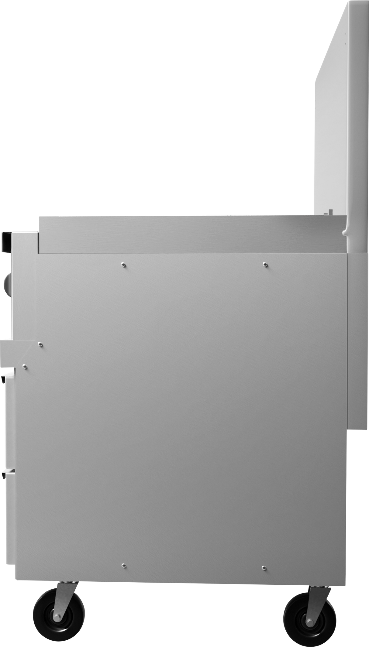 A side view of a sleek, modern, metallic cart on four black wheels. The minimalist design features smooth panels and a slightly raised section on top at the back, resembling equipment like a restaurant range or refrigerated base. No handles or decorations are visible.