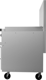 A side view of a sleek, modern, metallic cart on four black wheels. The minimalist design features smooth panels and a slightly raised section on top at the back, resembling equipment like a restaurant range or refrigerated base. No handles or decorations are visible.