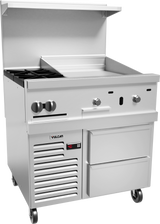 A commercial stainless steel kitchen unit with a 24" griddle, stovetop, two large control knobs, a temperature display, vented panel, two storage drawers, casters for mobility, and an open overhead shelf. The unit is branded Vulcan.