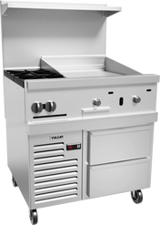 A commercial stainless steel kitchen unit with a 24" griddle, stovetop, two large control knobs, a temperature display, vented panel, two storage drawers, casters for mobility, and an open overhead shelf. The unit is branded Vulcan.