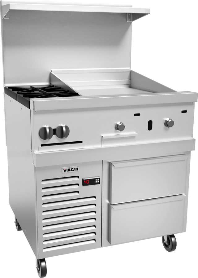 A commercial stainless steel kitchen unit with a 24" griddle, stovetop, two large control knobs, a temperature display, vented panel, two storage drawers, casters for mobility, and an open overhead shelf. The unit is branded Vulcan.
