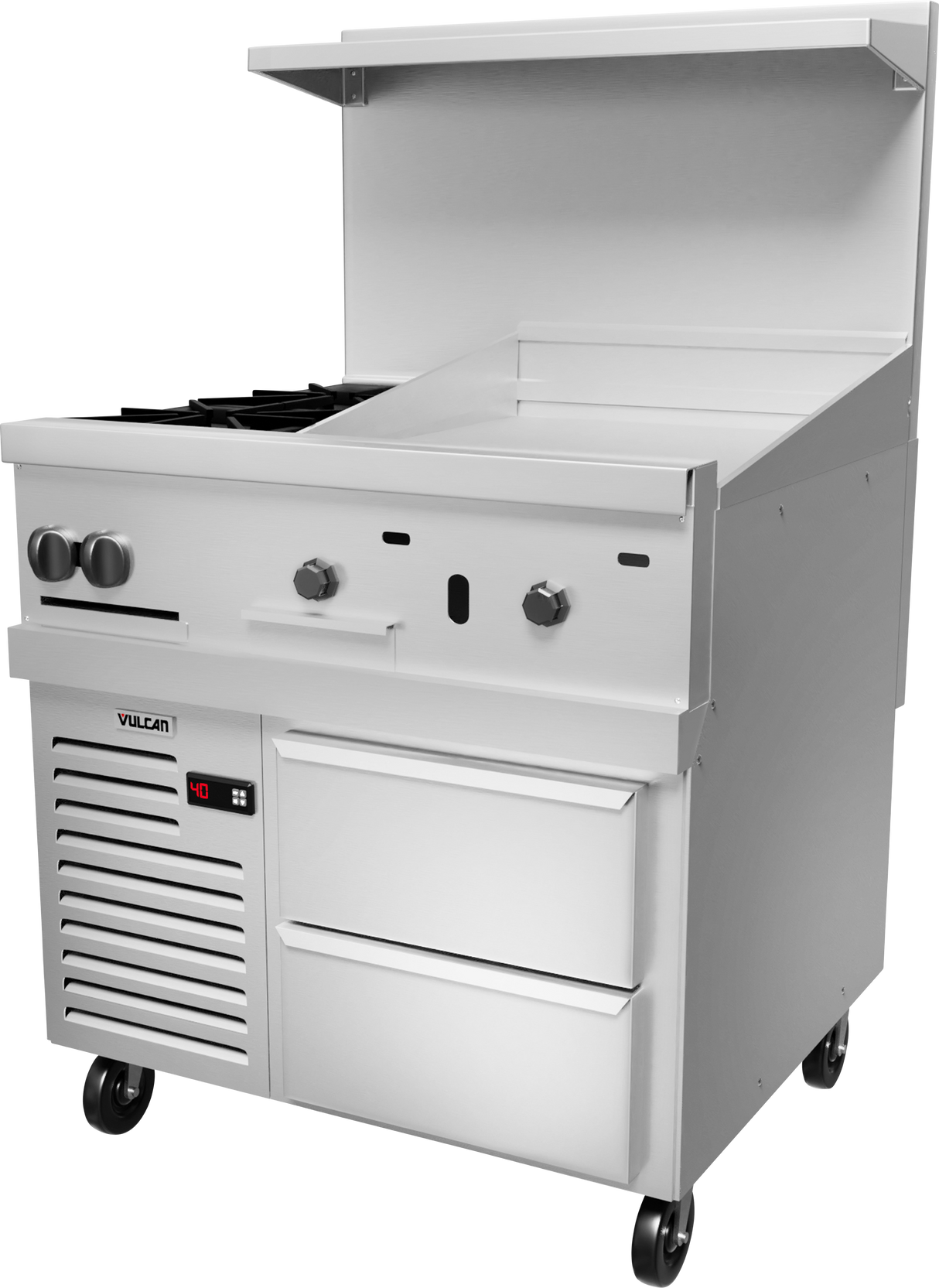 A commercial stainless steel restaurant range on wheels featuring gas burners, a gas griddle, control knobs, storage drawers, a digital display, and a backsplash with top shelf. The Vulcan appliance boasts modern industrial style.