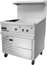 A commercial stainless steel restaurant range on wheels featuring gas burners, a gas griddle, control knobs, storage drawers, a digital display, and a backsplash with top shelf. The Vulcan appliance boasts modern industrial style.