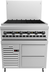 A large commercial stainless steel restaurant range with six burner knobs, a charbroiler, backguard, and lower section featuring a digital temperature display, vented panel, and two large drawers on wheels. The Vulcan brand name is visible.