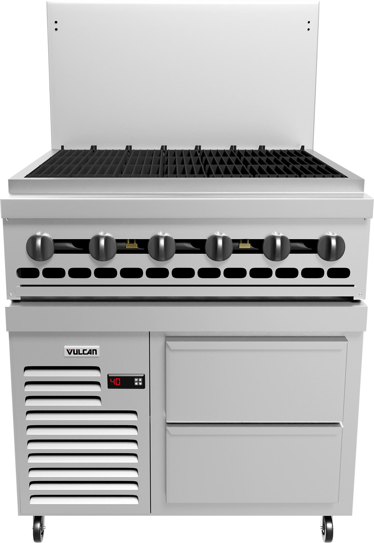 A commercial stainless steel restaurant range with six burner knobs, a grated cooking surface, Vulcan logo, digital temperature display, storage drawers, caster wheels for mobility, and a modern industrial design. Features include an optional charbroiler.