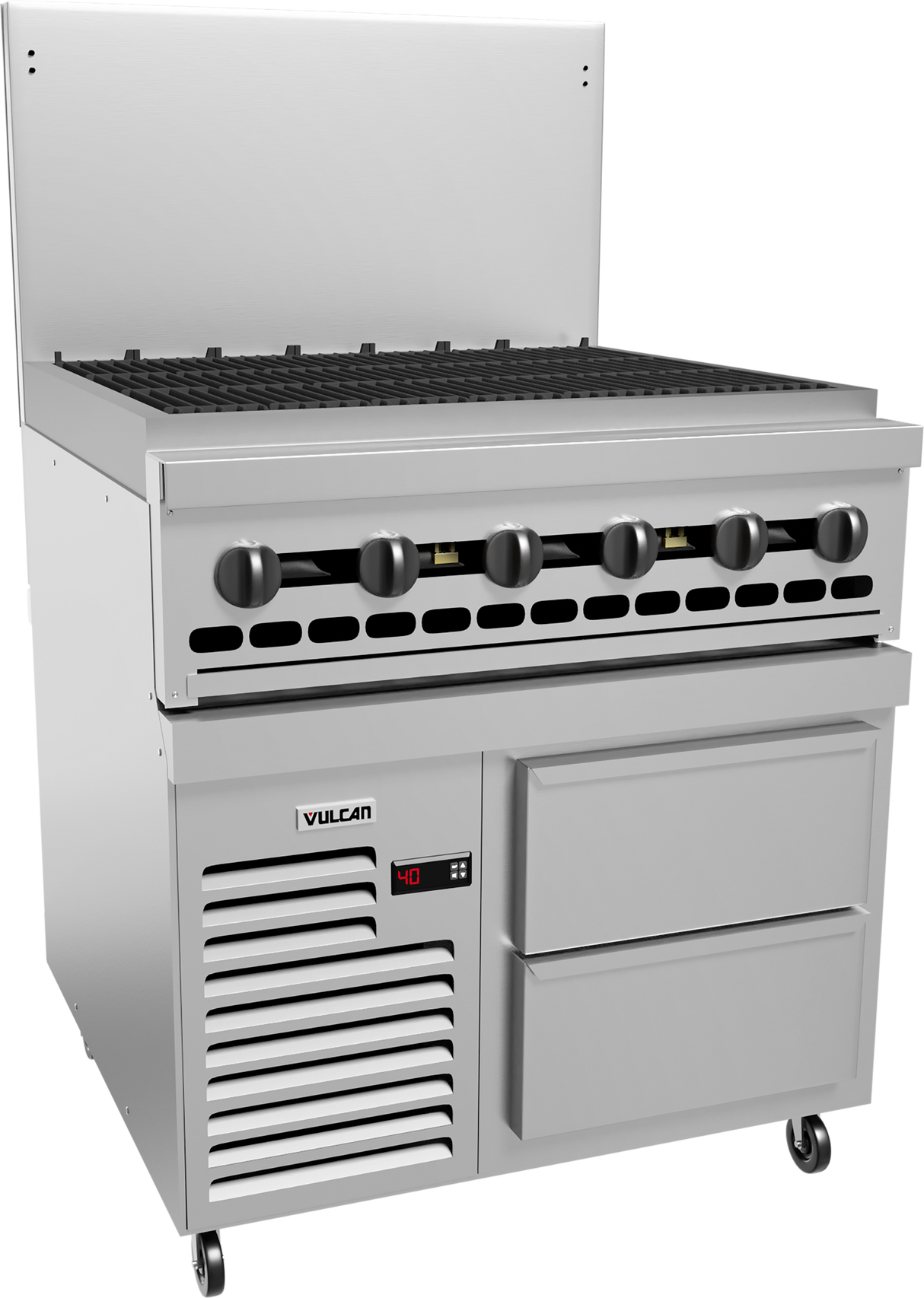 A commercial stainless steel restaurant range with six black burner knobs, a grated cooktop, refrigerated base with two drawers, ventilation slots, and a digital temperature display. The unit is on wheels and branded Vulcan.