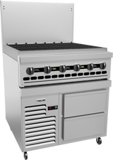 A commercial stainless steel restaurant range with six black burner knobs, a grated cooktop, refrigerated base with two drawers, ventilation slots, and a digital temperature display. The unit is on wheels and branded Vulcan.