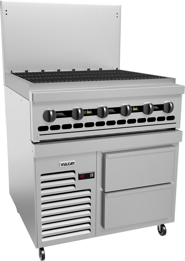 A large commercial stainless steel restaurant range with six black burner knobs, a charbroiler top, two metal drawers below, a cooling vent with digital temperature display on the lower left, and four small wheels at the base for mobility.