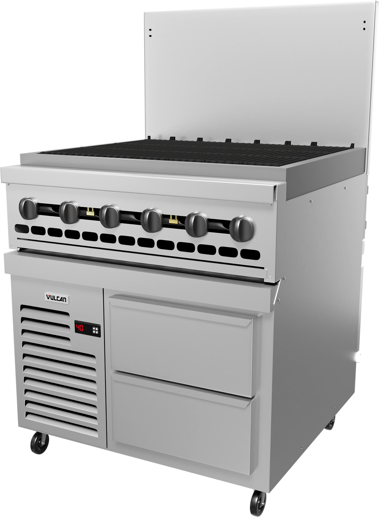 A commercial stainless steel grill with a refrigerated base, six control knobs, a vented lower section, two drawers, caster wheels, and a tall backsplash. The brand Vulcan is visible, and a digital display reads 40 on the front panel.