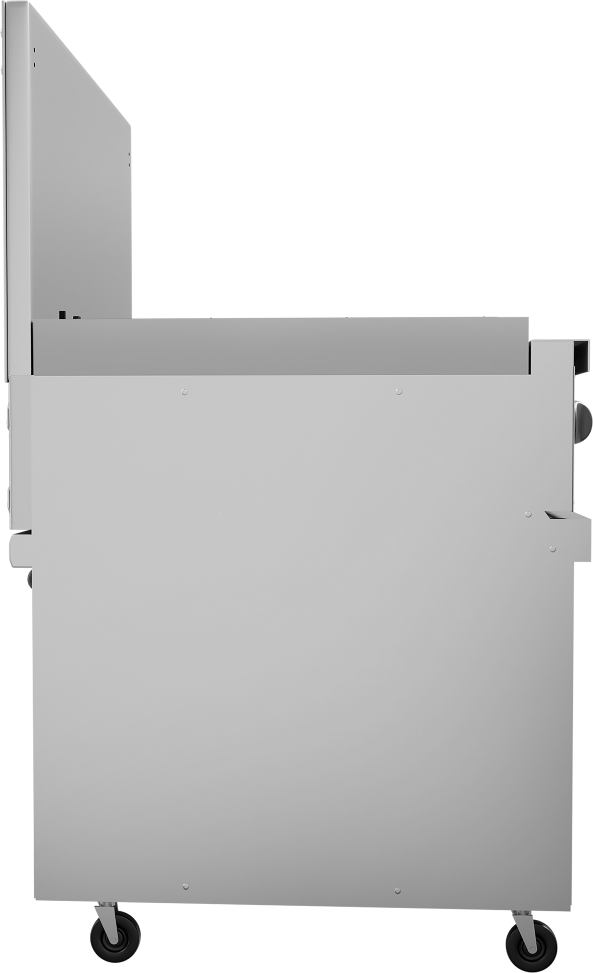 A side view of a stainless steel cart or kitchen appliance, similar to a restaurant range on four black caster wheels. The cart has a flat, rectangular body with an upright panel and a round black knob on the right side, set against a plain white background.