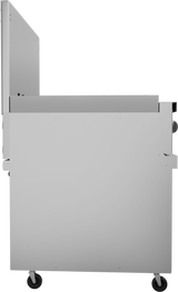 A side view of a stainless steel cart or kitchen appliance, similar to a restaurant range on four black caster wheels. The cart has a flat, rectangular body with an upright panel and a round black knob on the right side, set against a plain white background.