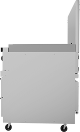 Side view of a light gray metal cart or workstation on four black caster wheels, resembling a minimalist restaurant range. The cart features a flat top surface and an upright back panel, all set against a plain white background.