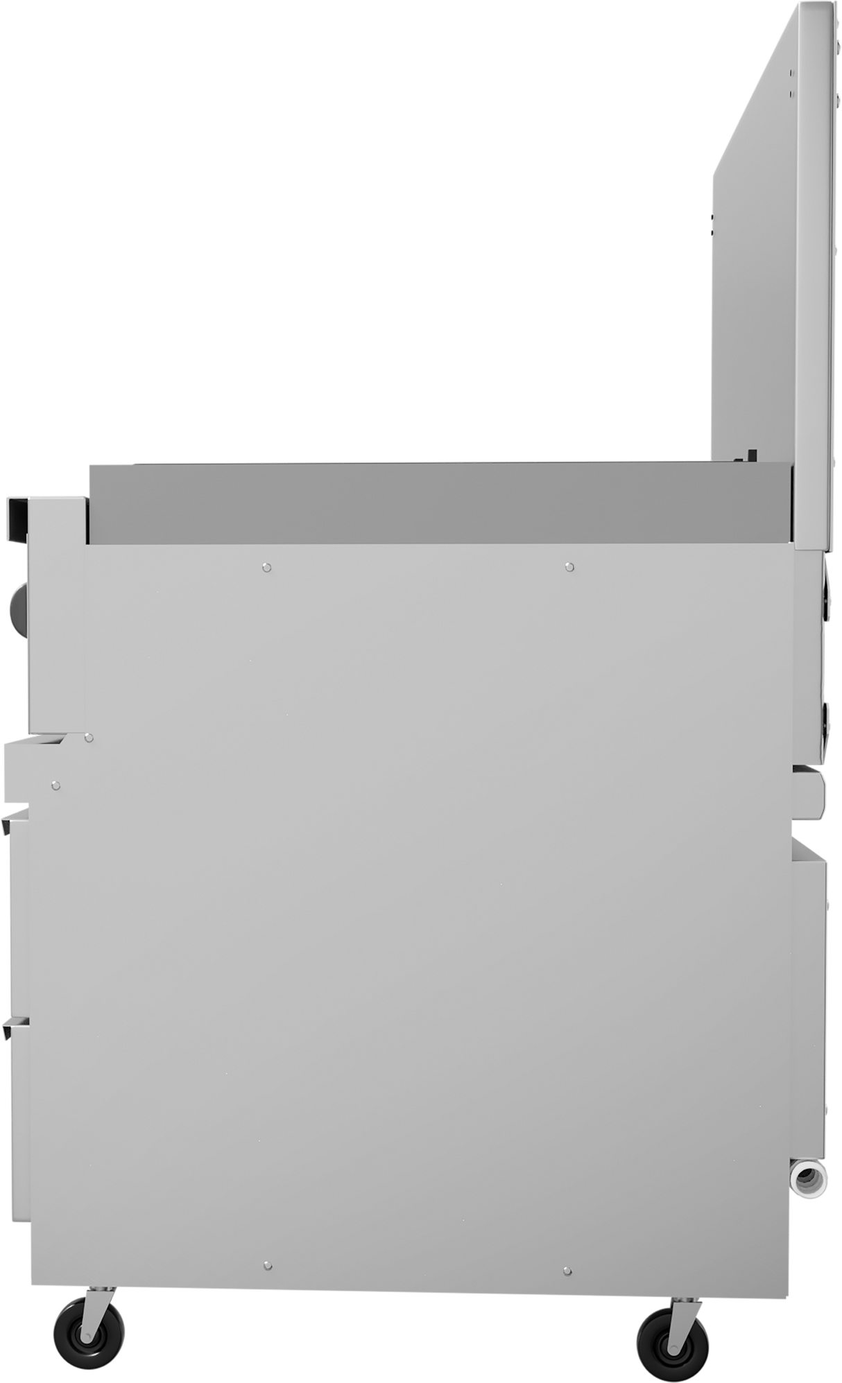 A large, rectangular gray metal cart with four black caster wheels, viewed from the side. The minimal design and panels evoke equipment like a restaurant range or charbroiler, with a flat upper surface extending upright at the back.