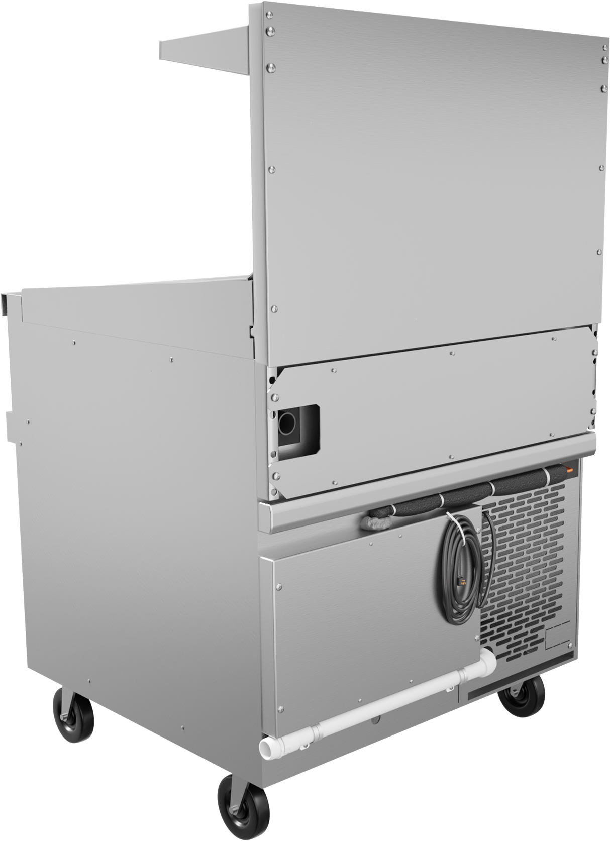 A commercial stainless steel food cart with a refrigerated base on four wheels, featuring a vented cooling unit, coiled power cord, horizontal white pipe, and upper shelf, viewed from the back and side against a plain background.