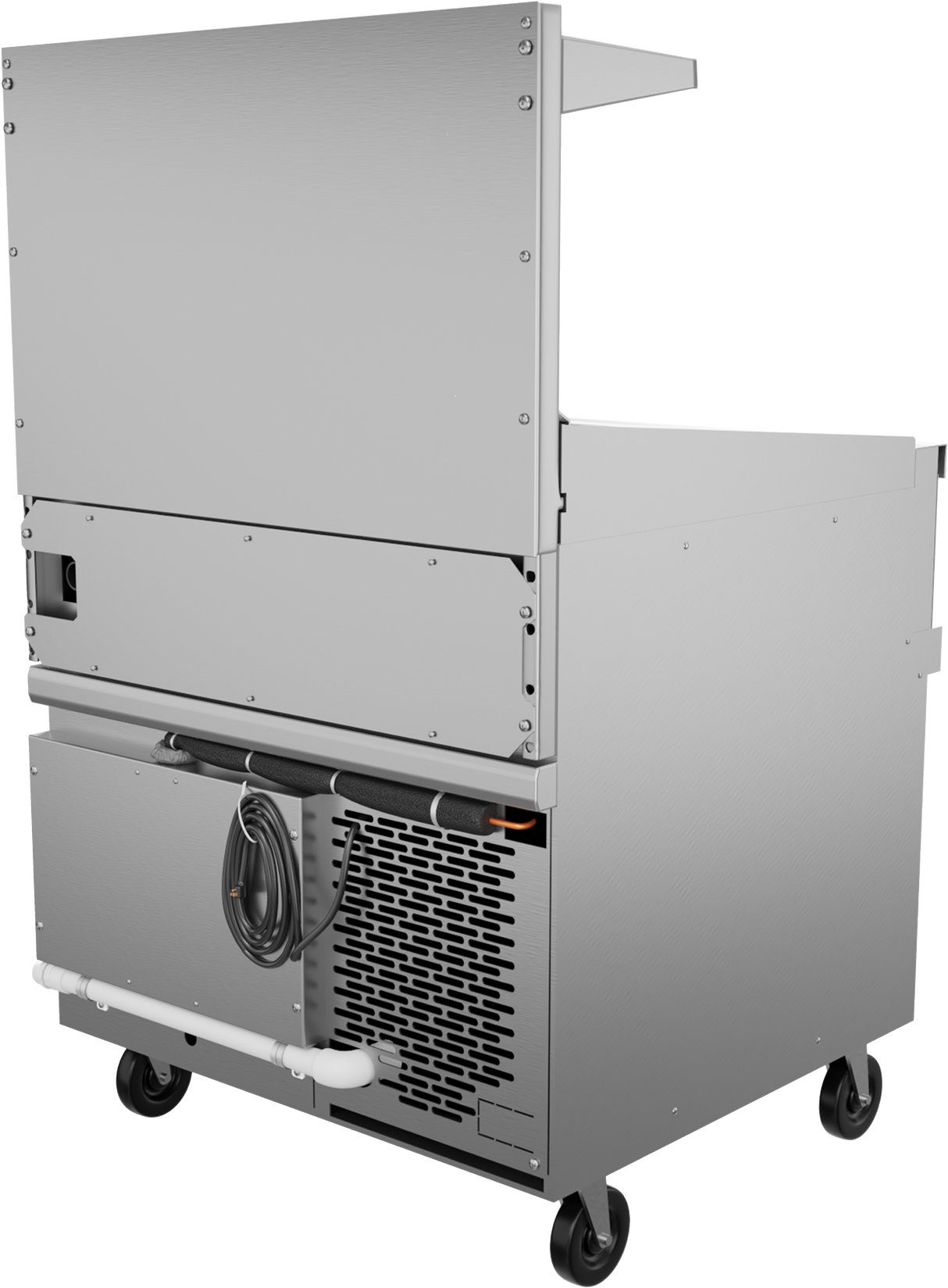 A commercial stainless steel kitchen appliance on wheels, featuring a vented lower section and refrigerated base, with a power cord wrapped on hooks, white drainage pipe below, and large metal upper panel; shown from an angle revealing the back and side.