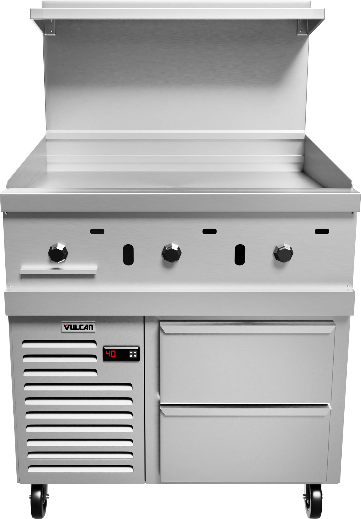 A commercial stainless steel gas griddle with three control knobs, a built-in temperature display reading 40, a shelf above the cooking surface, two storage drawers below like a refrigerated base, and four wheels. Vulcan branding on the lower left.
