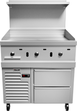A commercial stainless steel gas griddle with three control knobs, a built-in temperature display reading 40, a shelf above the cooking surface, two storage drawers below like a refrigerated base, and four wheels. Vulcan branding on the lower left.