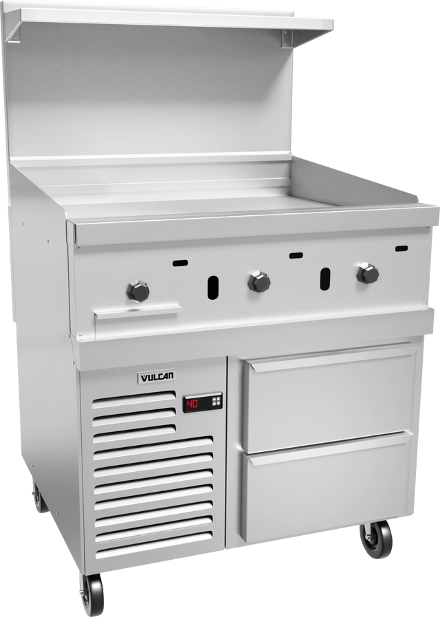 A stainless steel gas griddle commercial restaurant range features three knobs, a flat cooking surface, an overhead shelf, two lower drawers, a refrigerated base with digital display, and four casters for mobility—all set against a plain background.