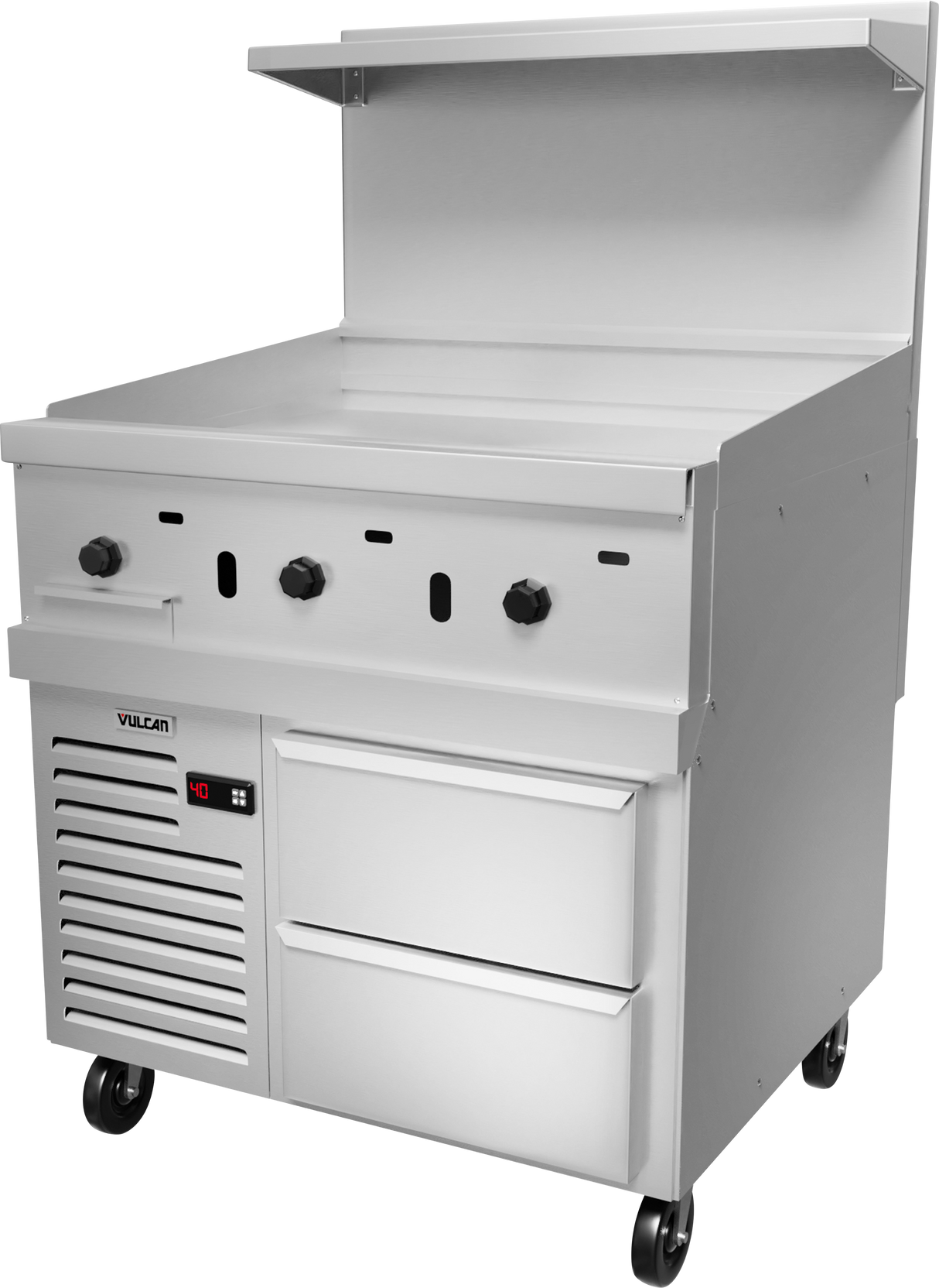 A large stainless steel Vulcan gas griddle with three control knobs, a flat cooking surface, raised back guard, two storage drawers, ventilation slots, small display panel, and four wheels—ideal for any restaurant range setup.