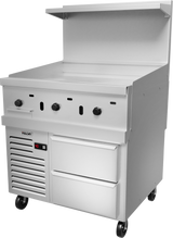A large stainless steel Vulcan gas griddle with three control knobs, a flat cooking surface, raised back guard, two storage drawers, ventilation slots, small display panel, and four wheels—ideal for any restaurant range setup.