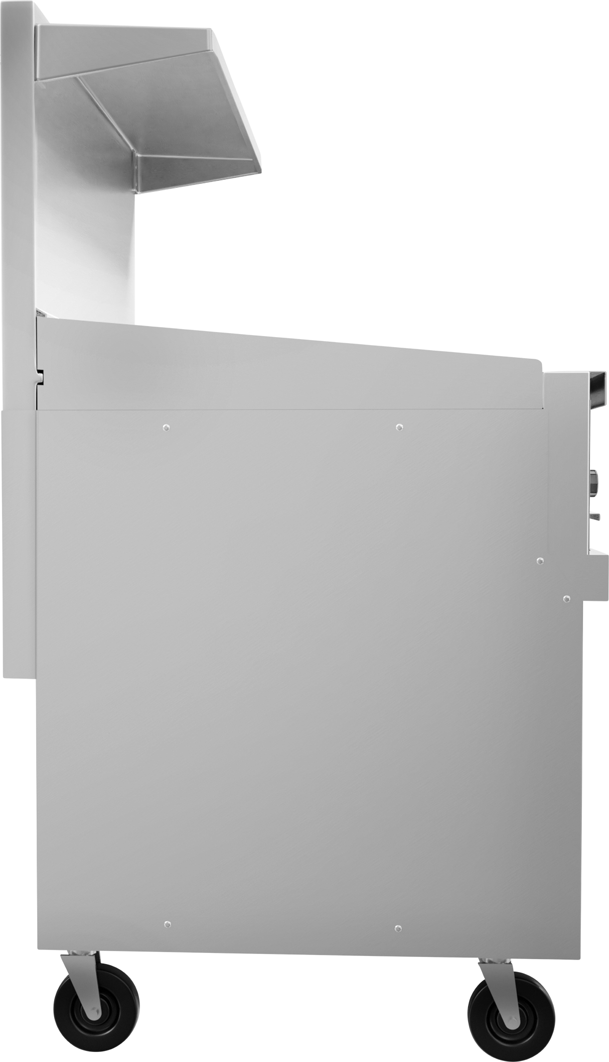 Side view of a stainless steel food cart with a protective canopy and four black wheels. The modern cart, resembling those used in restaurant ranges, is photographed against a plain white background with no branding or items visible.