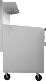Side view of a stainless steel food cart with a protective canopy and four black wheels. The modern cart, resembling those used in restaurant ranges, is photographed against a plain white background with no branding or items visible.