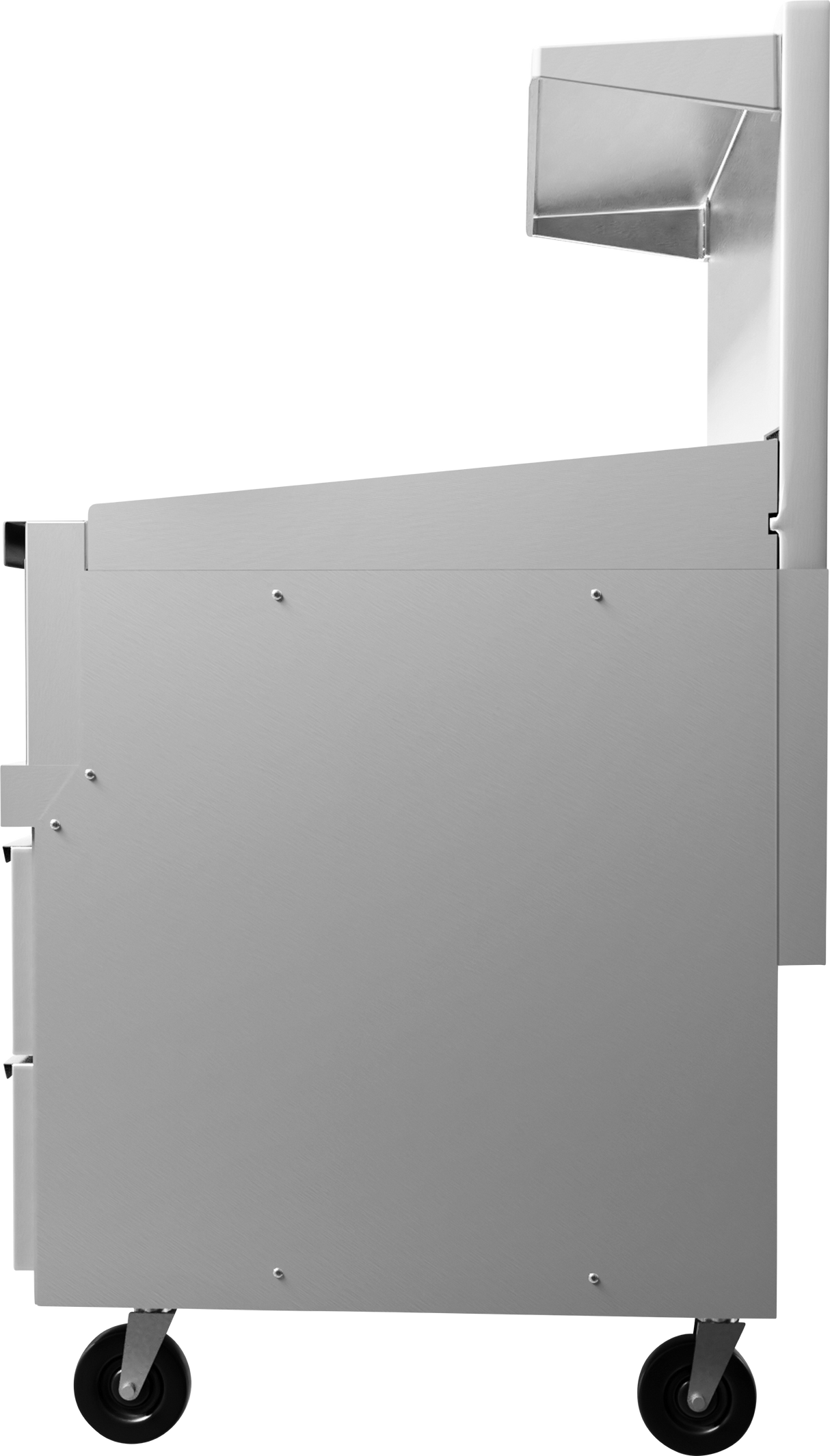 A metallic cart or workstation with a rectangular body, four black caster wheels, and an attached side compartment—ideal for use alongside a restaurant range or gas griddle. Its modern industrial design features visible screws and clean edges.