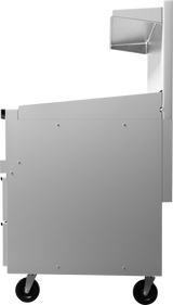 A metallic cart or workstation with a rectangular body, four black caster wheels, and an attached side compartment—ideal for use alongside a restaurant range or gas griddle. Its modern industrial design features visible screws and clean edges.