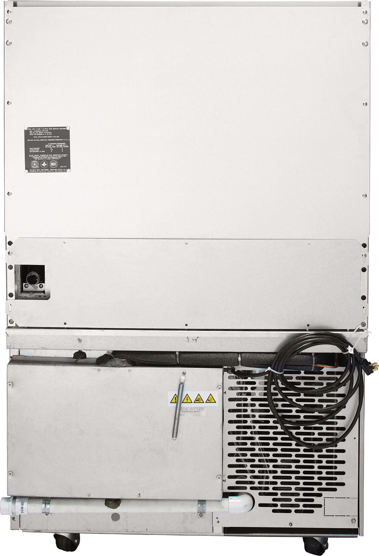 Rear view of a large silver commercial ice machine with a vented panel, black power cord, warning labels, and small caster wheels. Its industrial metallic surface pairs well alongside restaurant range equipment or a refrigerated base in any kitchen setup.
