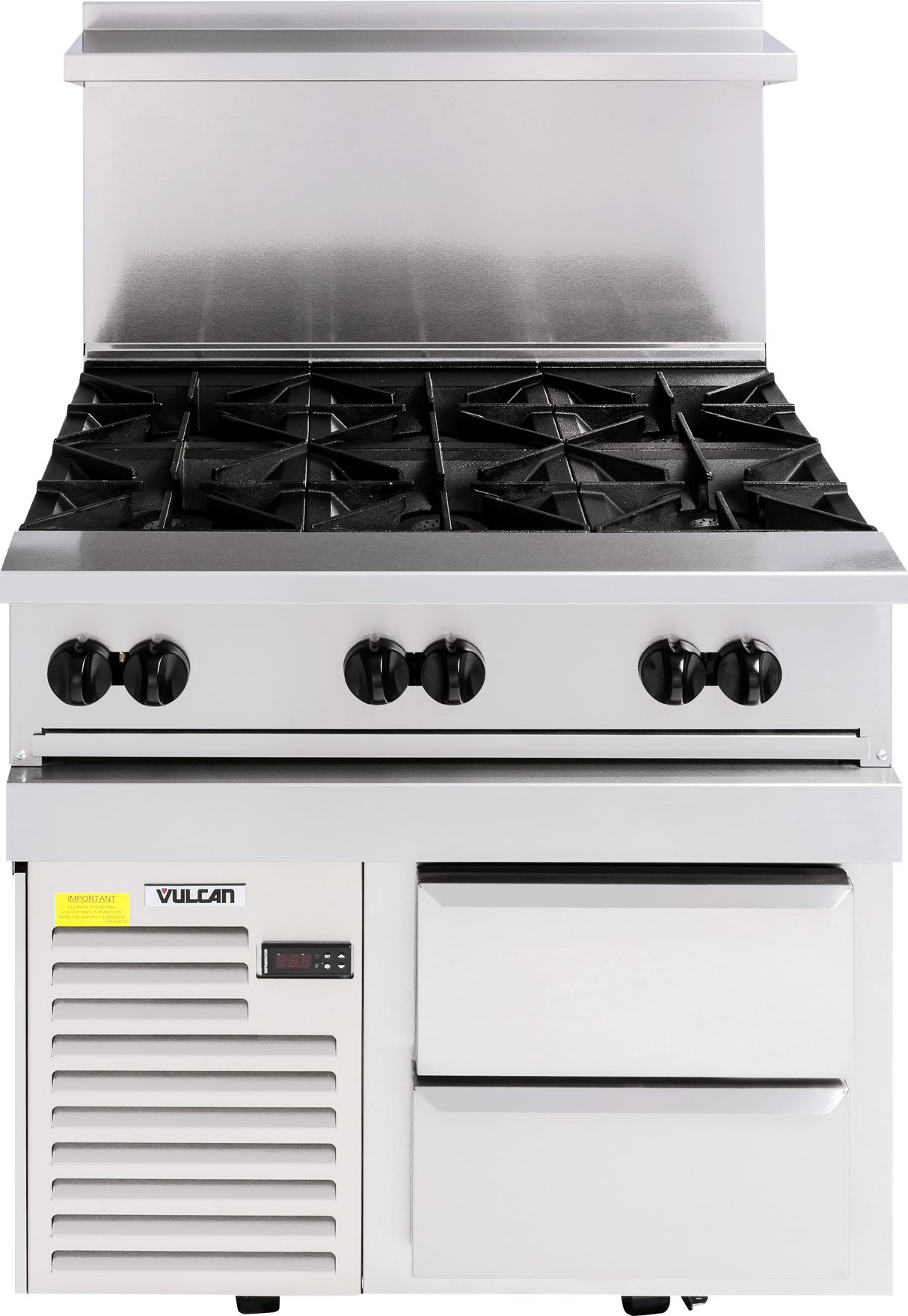 A commercial stainless steel restaurant range with six gas burners, four control knobs, an oven below, and two drawers on the right. The appliance features a digital display, vents on the lower left, and a backsplash with shelf at the top.
