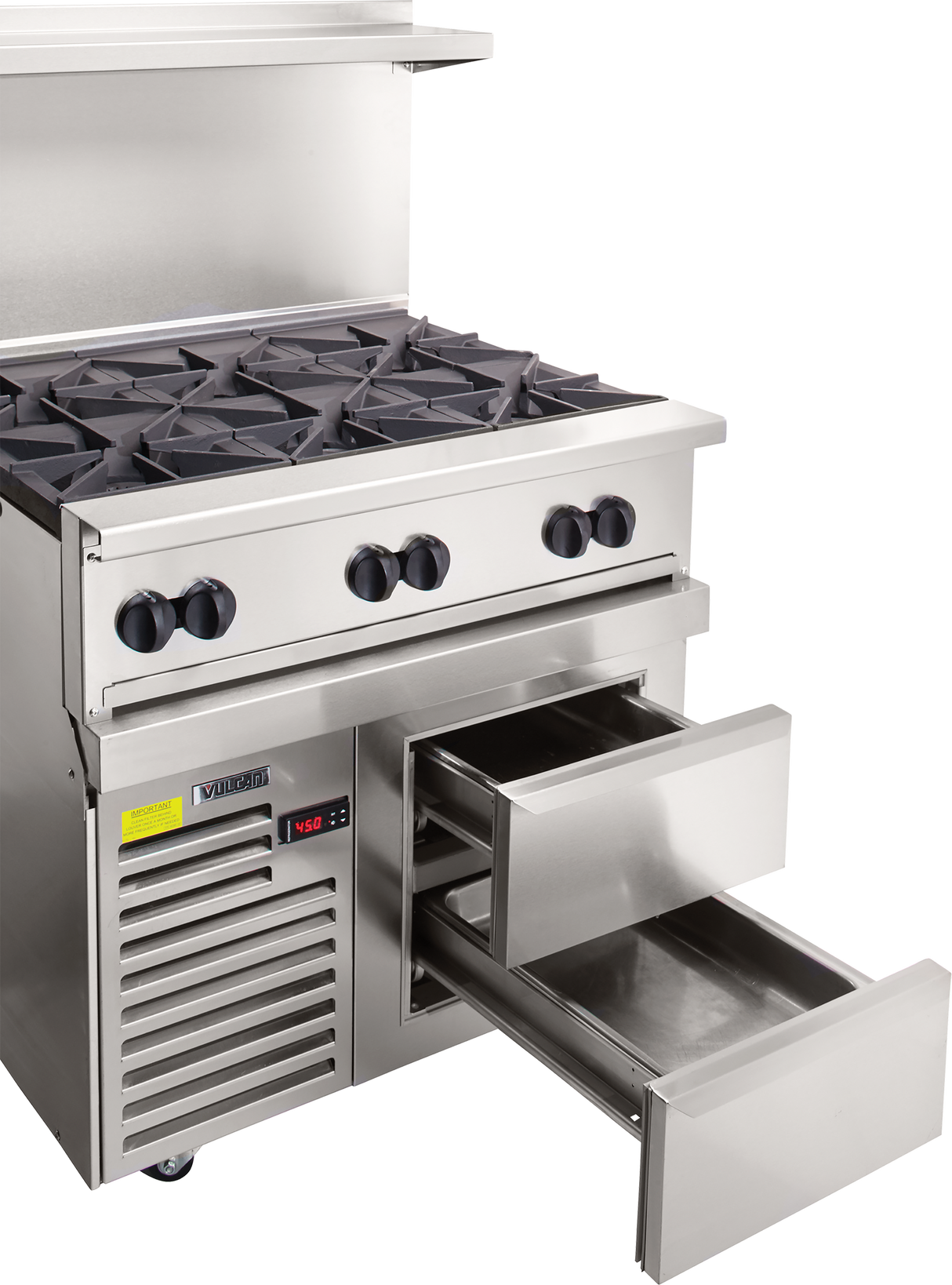 A commercial stainless steel restaurant range with four gas burners on top, four control knobs, and an attached refrigerated base below featuring two open sliding drawers and a digital temperature display.