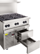 A commercial stainless steel restaurant range with four gas burners on top, four control knobs, and an attached refrigerated base below featuring two open sliding drawers and a digital temperature display.