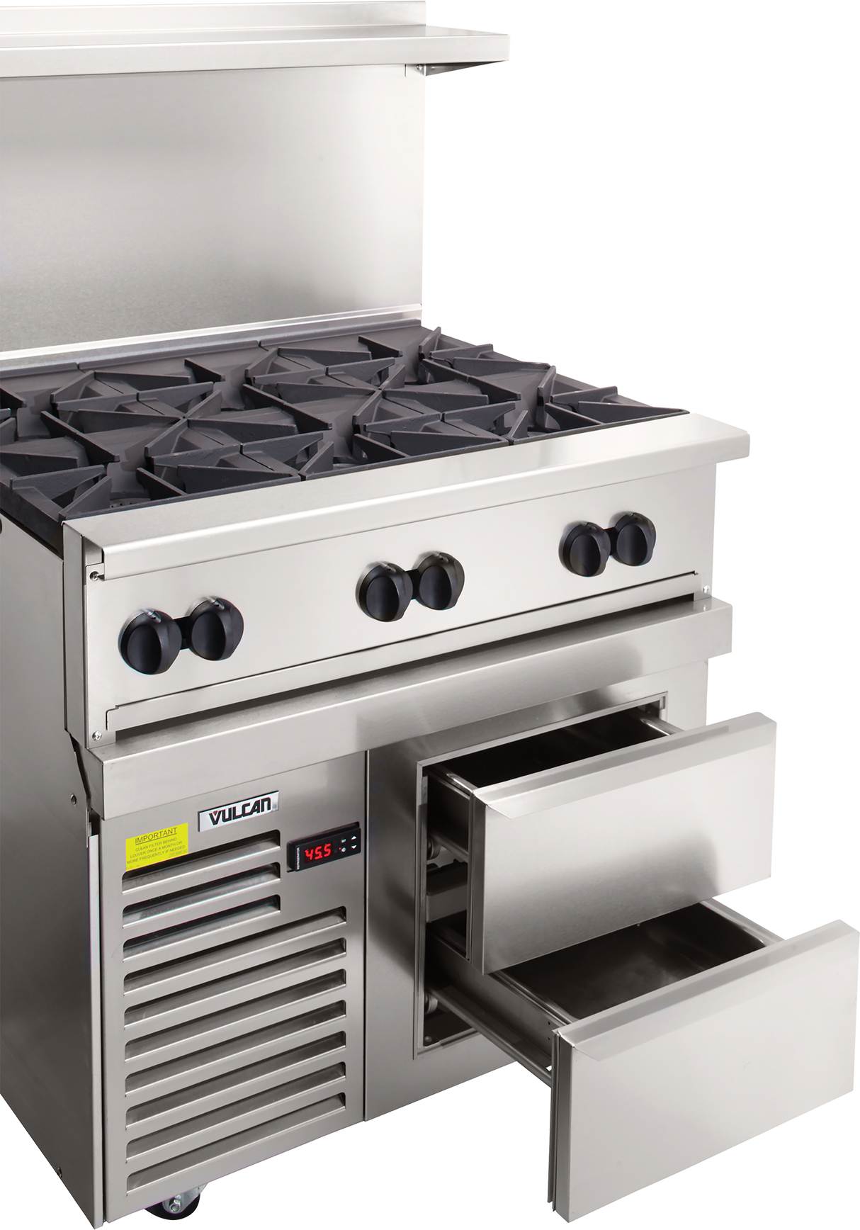 A commercial stainless steel restaurant range with six gas burners, four black control knobs, an overhead shelf, and a refrigerated base with two open drawers. The front panel includes a digital display, vented panel, and the Vulcan brand label.