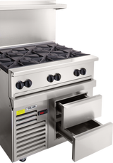 A commercial stainless steel restaurant range with six gas burners, four black control knobs, an overhead shelf, and a refrigerated base with two open drawers. The front panel includes a digital display, vented panel, and the Vulcan brand label.