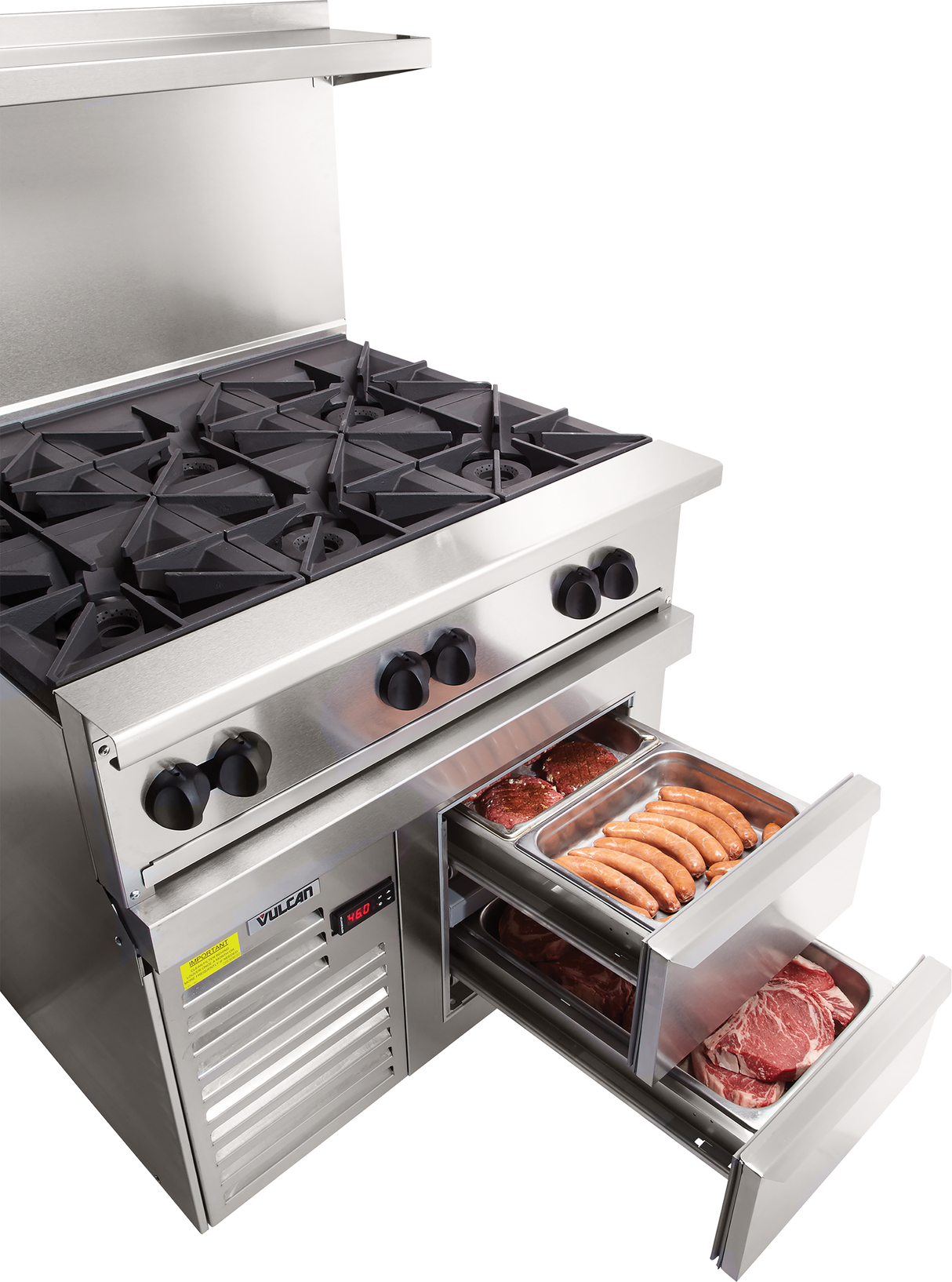 A commercial stainless steel restaurant range with four gas burners on top. Below, the refrigerated base drawers are open, revealing metal trays with raw sausages, marinated meat, and steaks in this modern, spotless kitchen equipment.