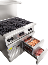 A commercial stainless steel restaurant range with four gas burners on top. Below, the refrigerated base drawers are open, revealing metal trays with raw sausages, marinated meat, and steaks in this modern, spotless kitchen equipment.