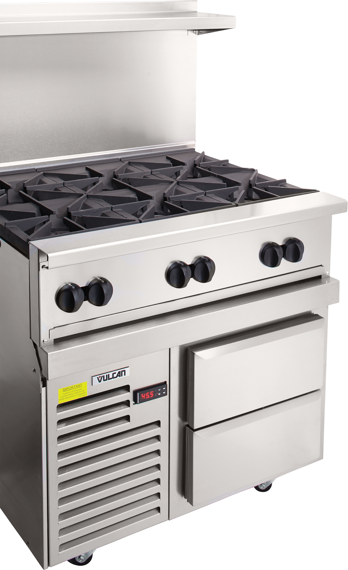 A commercial stainless steel restaurant range with six gas burners and four control knobs. Below, two storage drawers accompany a refrigerated base with a digital display. The brand Vulcan is visible on the front.