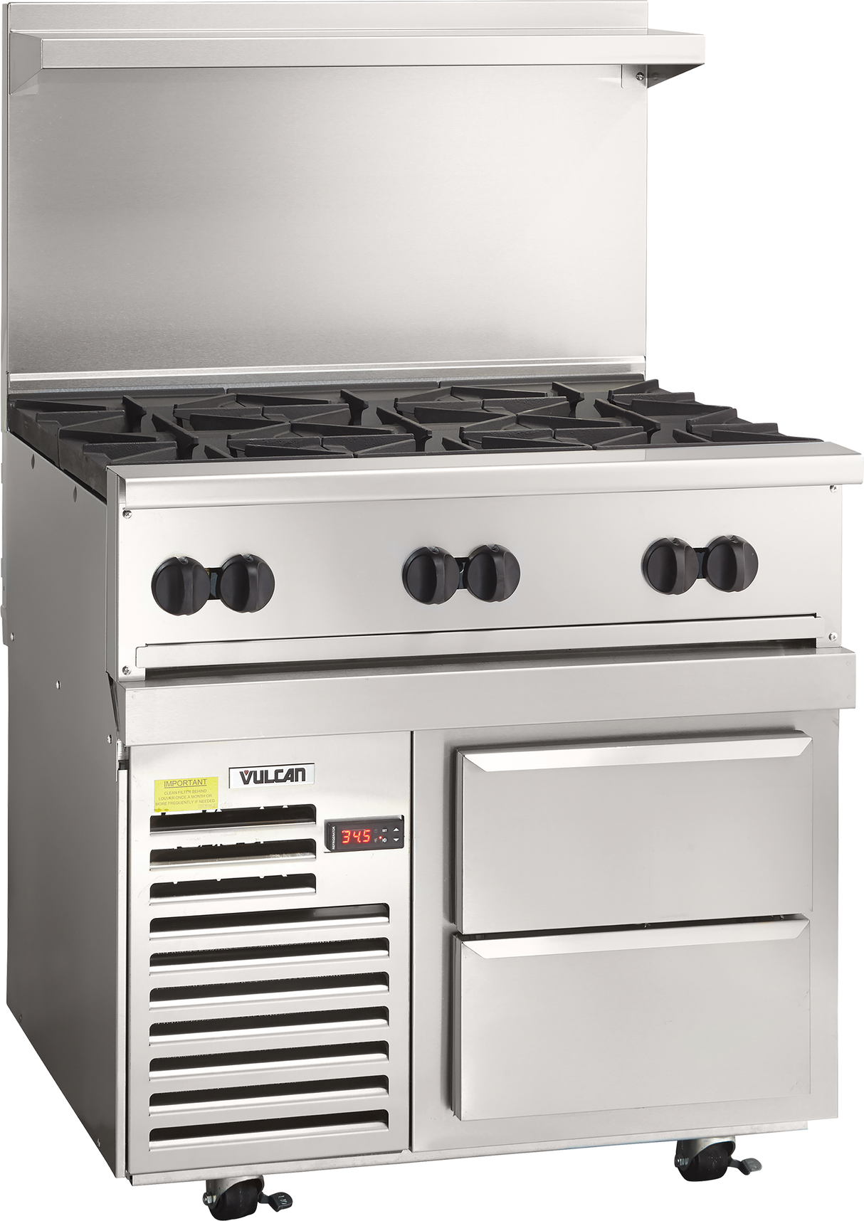 A commercial stainless steel restaurant range with four black burner knobs, four gas burners on top, a digital temperature display, two metal drawers, and an overhead vent shelf. The Vulcan label is visible on the front.