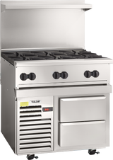 A commercial stainless steel restaurant range with four black burner knobs, four gas burners on top, a digital temperature display, two metal drawers, and an overhead vent shelf. The Vulcan label is visible on the front.