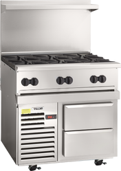 A commercial stainless steel restaurant range with four black burner knobs, four gas burners on top, a digital temperature display, two metal drawers, and an overhead vent shelf. The Vulcan label is visible on the front.