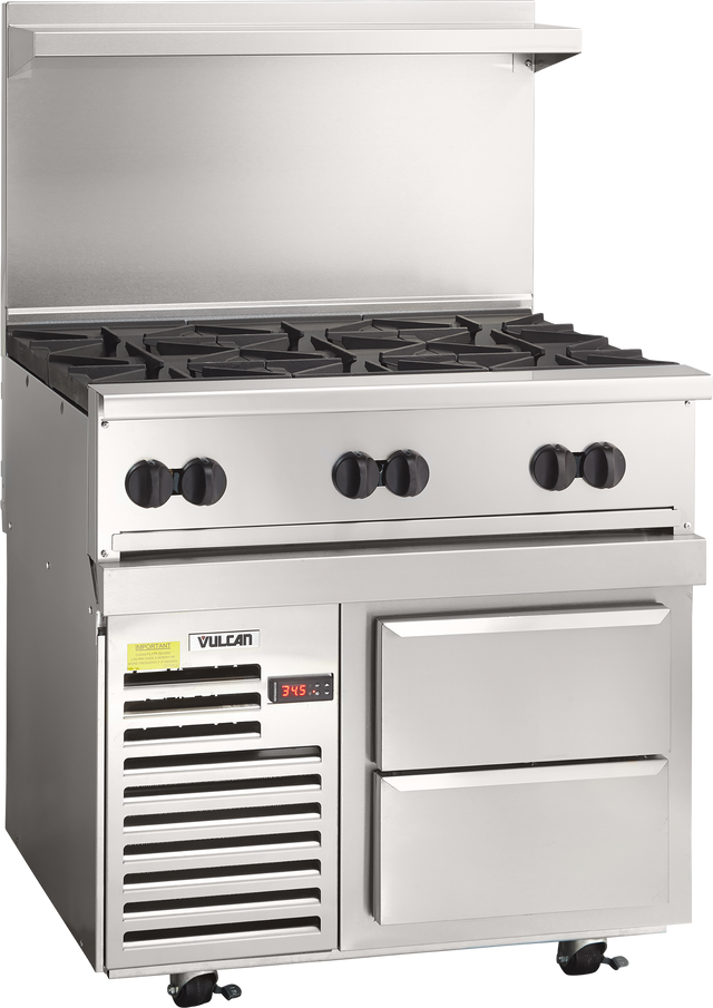 A commercial stainless steel restaurant range with four black burner knobs, four gas burners on top, a digital temperature display, two metal drawers, and an overhead vent shelf. The Vulcan label is visible on the front.