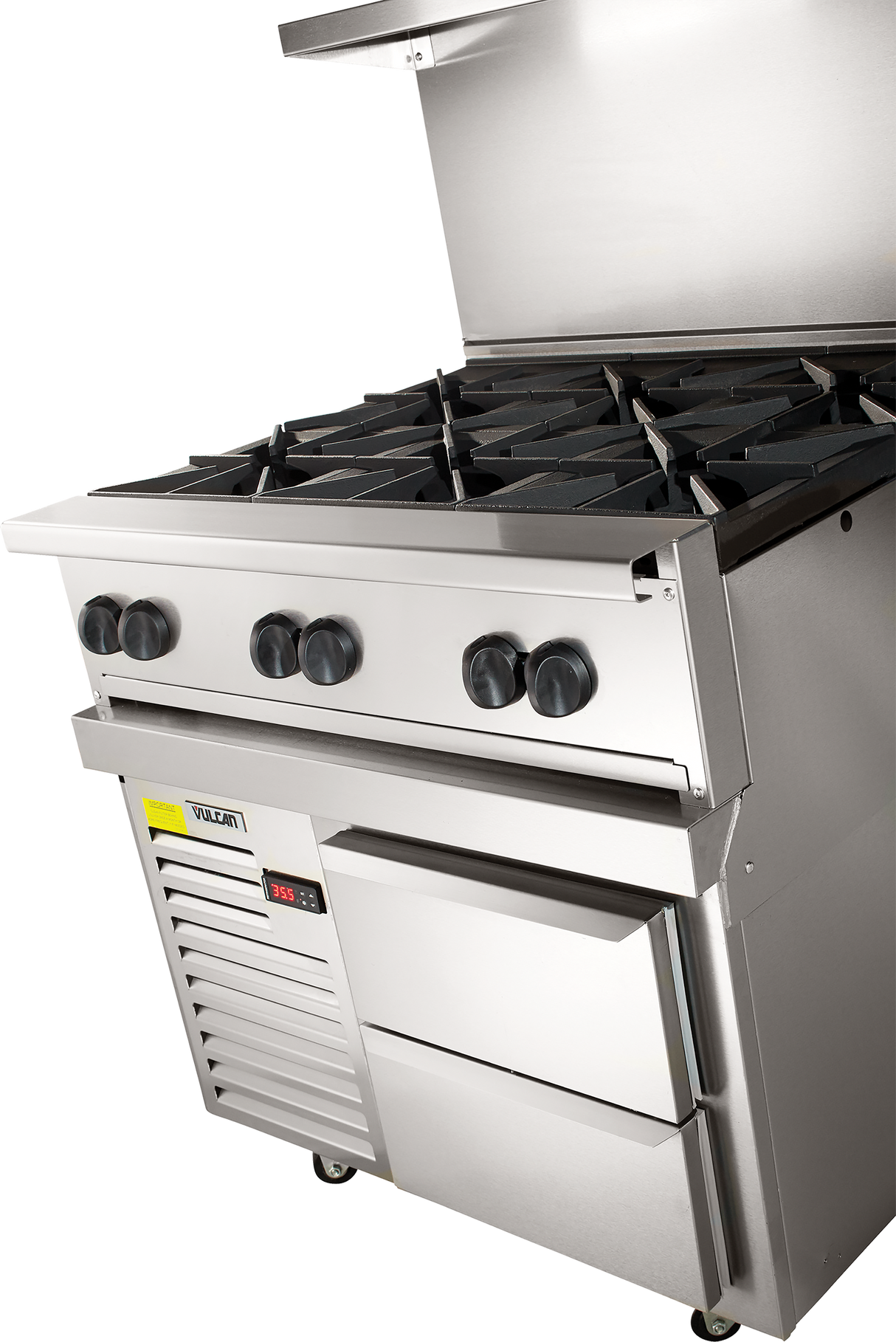 A commercial stainless steel restaurant range with six black gas burners, four control knobs, an oven below, and a small digital display on a lower panel. The oven door is closed, and the back panel extends upward as a backsplash.
