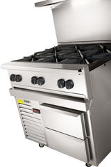 A commercial stainless steel restaurant range with six black gas burners, four control knobs, an oven below, and a small digital display on a lower panel. The oven door is closed, and the back panel extends upward as a backsplash.